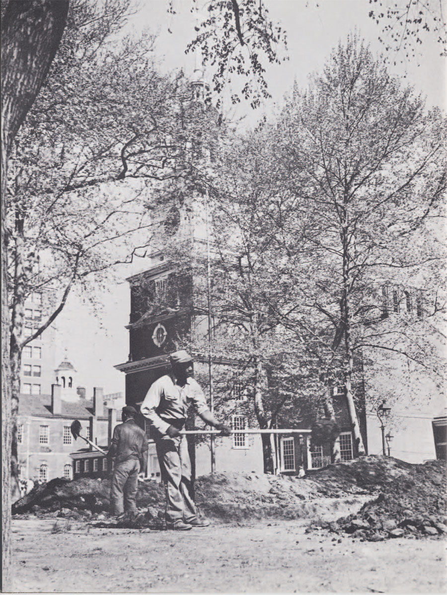 Test trenches dug in Independence Square in the search for 18th century buildings and landscaping. Photograph courtesy of the Philadelphia Bulletin