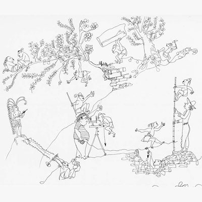 sketch of archeologists trying to work with men jumping around them