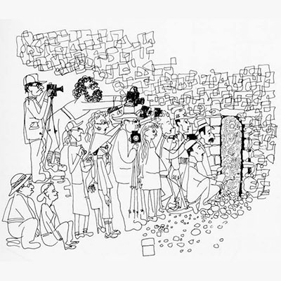 sketch of tons of people with camera looking at stela