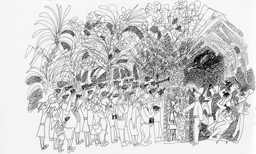 sketch of tourists at stela