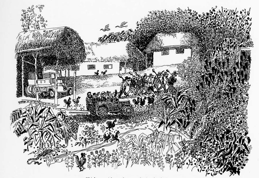 sketch of men in jeep going into jungle