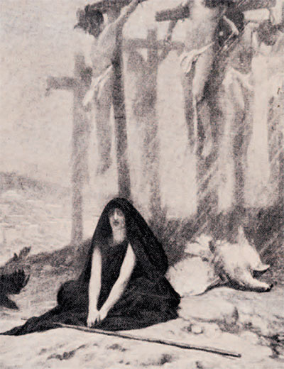A depiction of a woman enveloped in a black cloak, sitting on the ground, a staff in front of her.