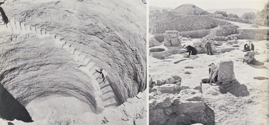 A deep, cylindrical pit with stairs leading down into it along the wall, and a group of people excavating a site.