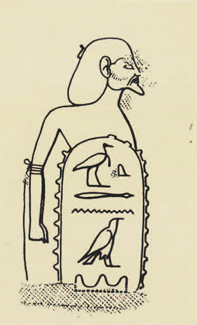 Drawing of an name written in Egyptian hieroglyph, surrounded by a man with his arms tied behind his back.