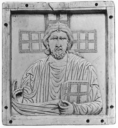 Stylized lines are used for this representation of Christ on an ivory panel in the Louvre. It is dated in the second half of the tenth century.