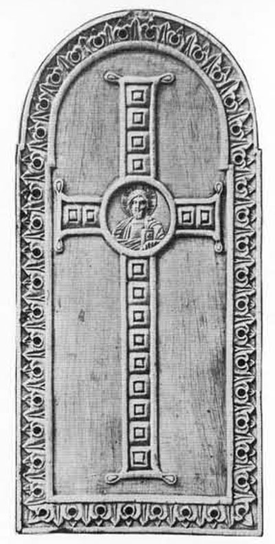 Wing of an ivory diptych of the tenth century in the Gotha Museum showing how the Museum cameo would have appeared if used as the central medallion in a cross on a book cover. 
