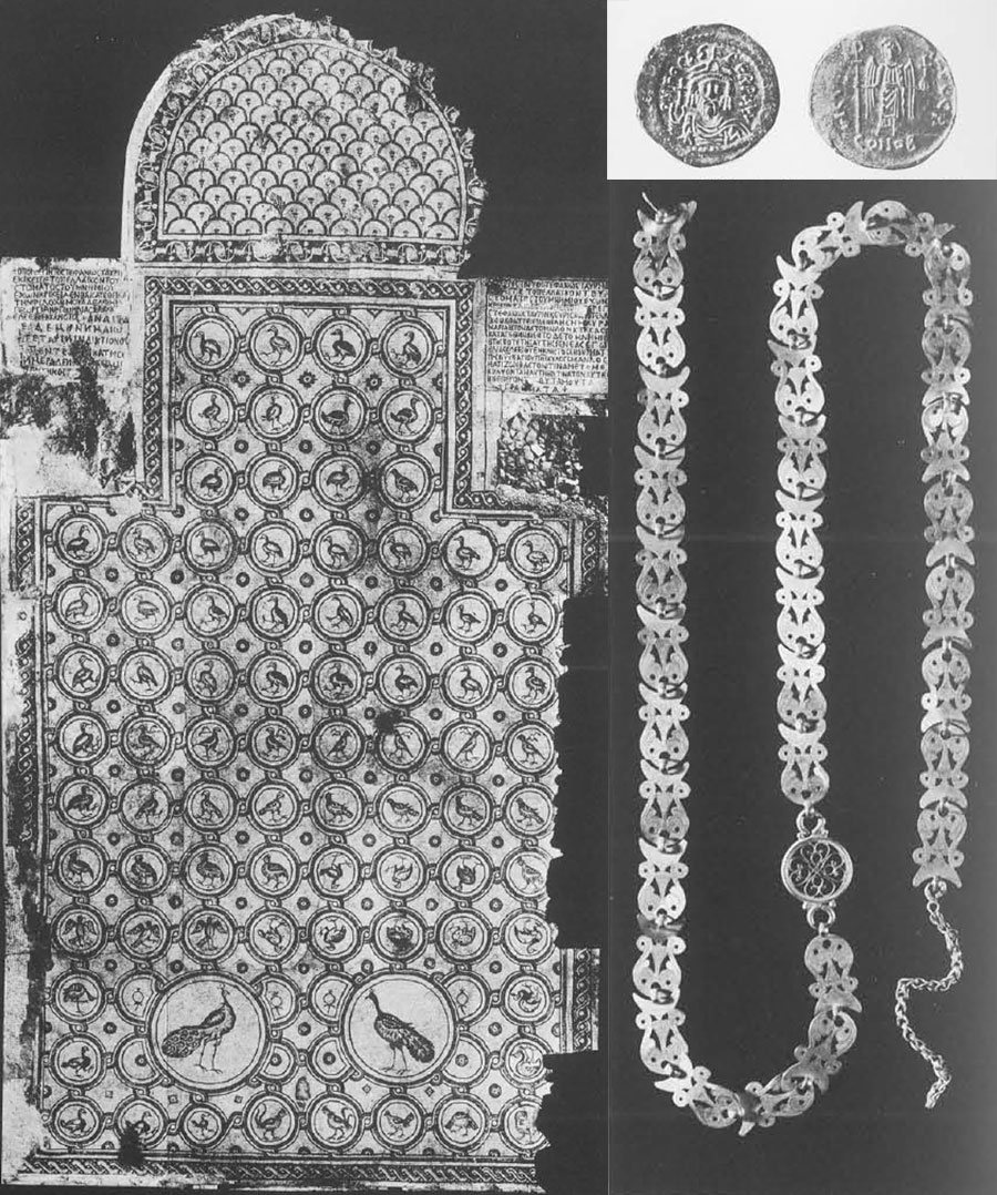 Photo of mosaic, coins, and necklace