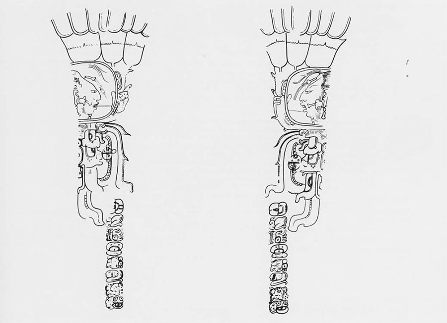 Drawing of carving found on a bone, showing a Maya priest.