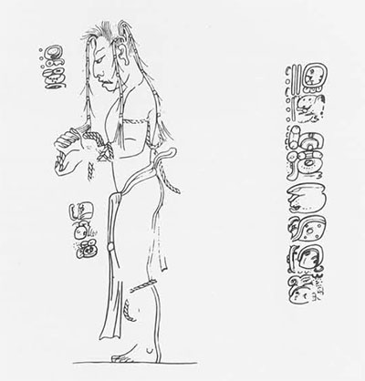 Drawing of a depiction of a tied up prisoner, and Maya characters.