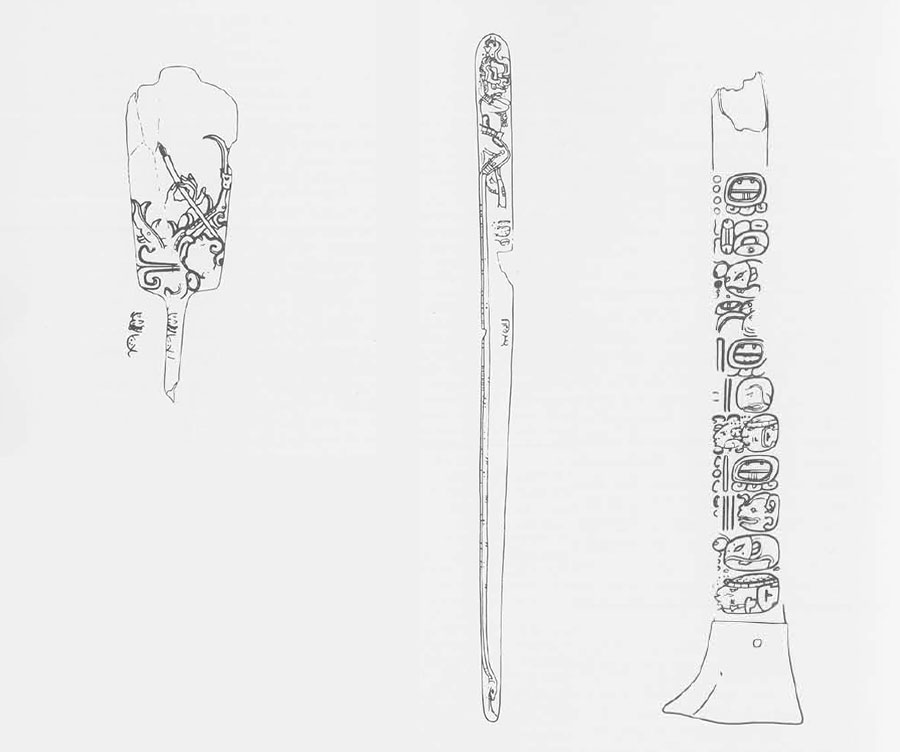 Drawings of bone artifacts with carved designs.