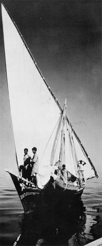 A group of people on a fishing boat, sail raised, at sea.