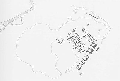 Plan of the archaic city, 1963, mosaics over two southern rooms (left) of Building A, and in smaller room (right) of Building H.