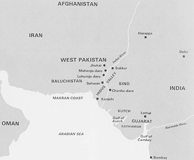 Map of the Indus Valley with important cities and sites marked.