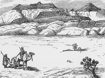 The PEF Geological Survey travelled by camel. Here a group of geologist working on theSinai survey move down the Wadi Arabah toward the Red Sea.  From H.H. Kitchener and G. Armstrong, Thirty Years' Work in the Holy Land, Palestine Exploration Fund, London, 1895. 