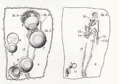 Diagrams of layout of burial and contents., pots covered the remains.