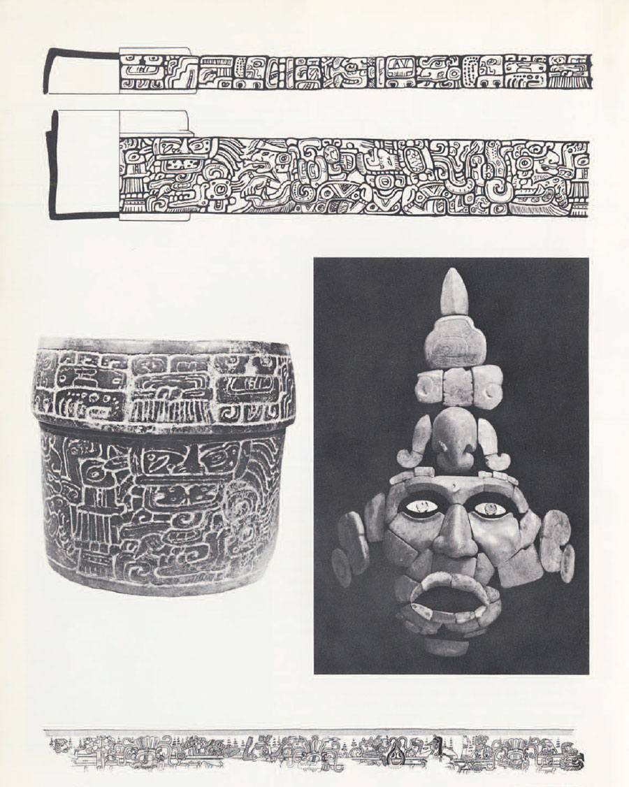 Drawing of incised patterns found on vessels, pieces of a jade mosaic mask, and a decorated cylindrical vessel.