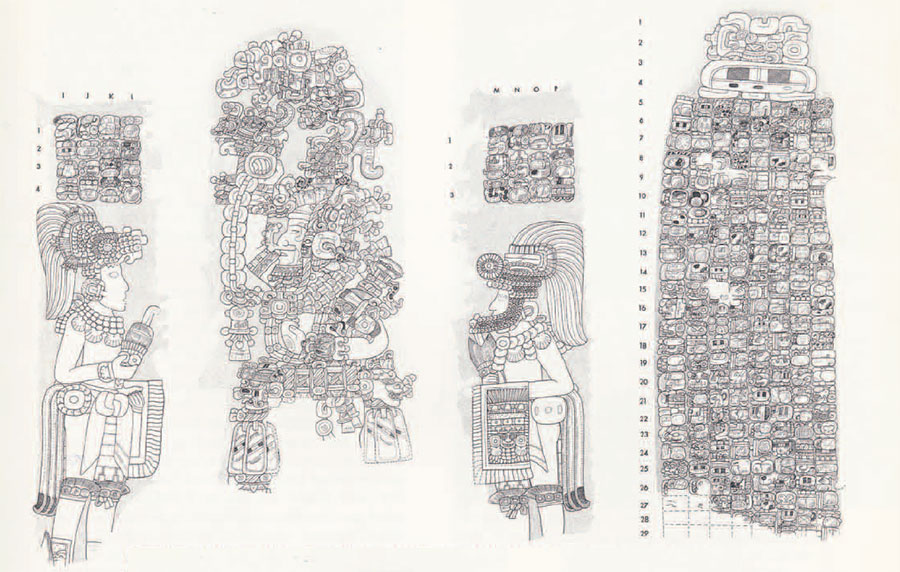 Drawings of the carvings on each of the four sides of Steal 31. Two sides show life size warrior figures in profile, on side shows a complex scene, the last side a grid of square characters.