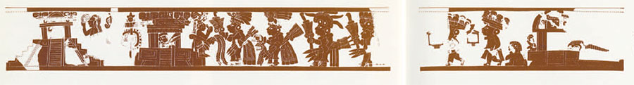Drawing of a incised design from a vessel showing warriors and temples.
