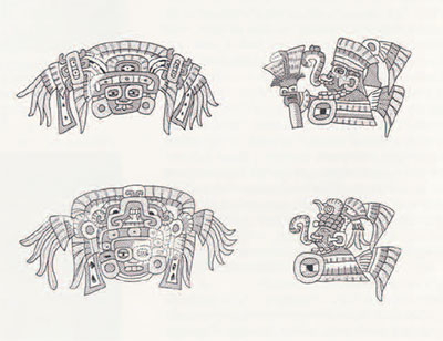 Four drawings of designs found on vessels, two figures in profile and two faces with wide headdresses.