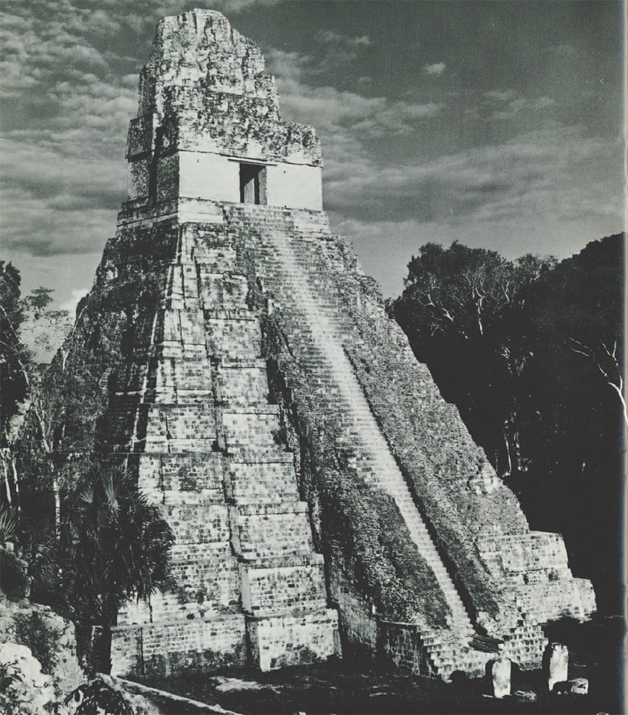 A stepped pyramid temple, with stairs up the front.
