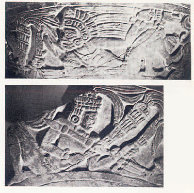 Close up of two carvings of warriors from vessels.