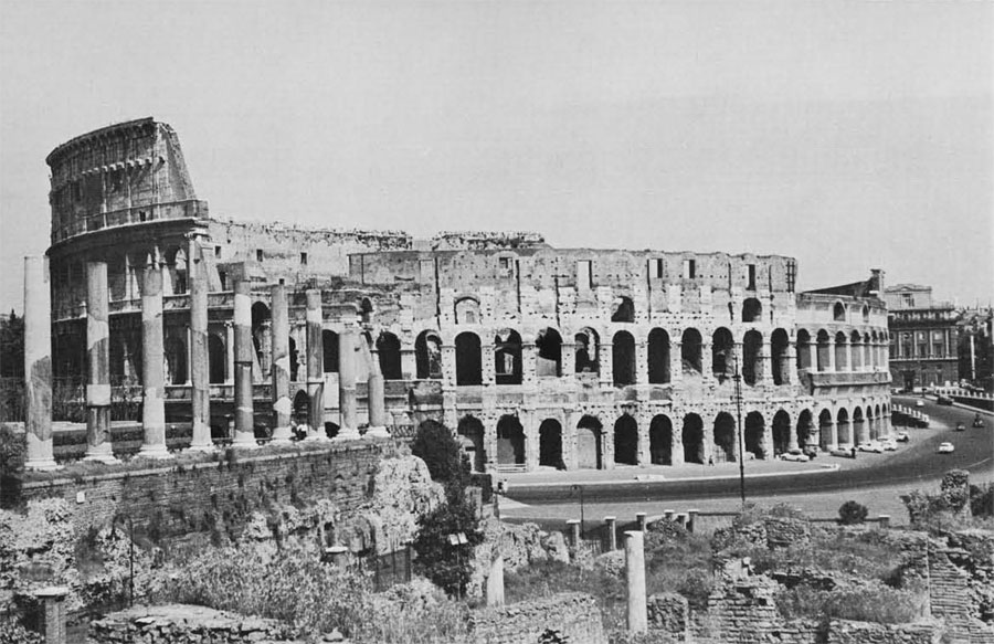 The Flavian ampitheater, better known today as the Colosseum. Bugun by Vespasian, it was completed by Domitian who staged here magnificent games for its dedication ceremony.