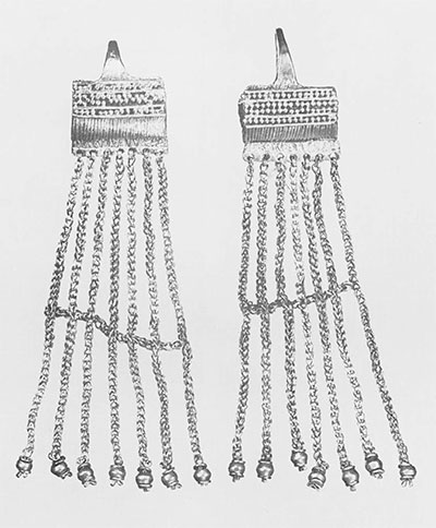 Pair of basket earrings, each about five inches long. 