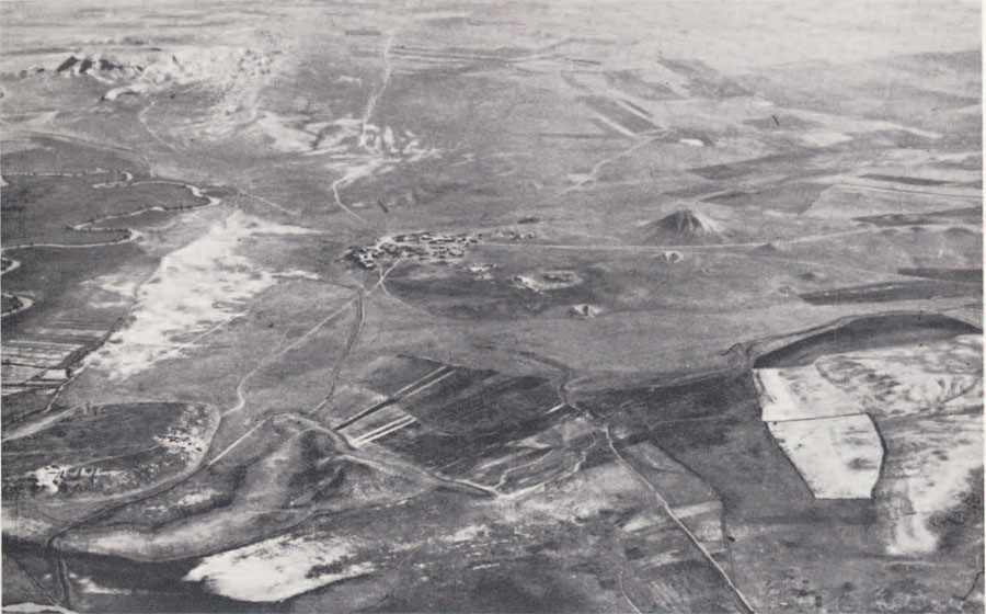 Gordion: air view of the site, 1950. City Mound, lower left; Great Tumulus, right center.