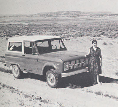 Frances with our favorite beast, the Bronco which we rented in 1967; its four-wheel drive was necessary for the sheepherders' tracks which we followed. Our rented Landrover of 1968 may have been more powerful, but it was far less stable and its ignition system gave us two expensive breakdowns; it also cost a small fortune in rental fees and gasoline. 