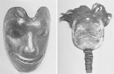 A copper mask and a copper rattle head.