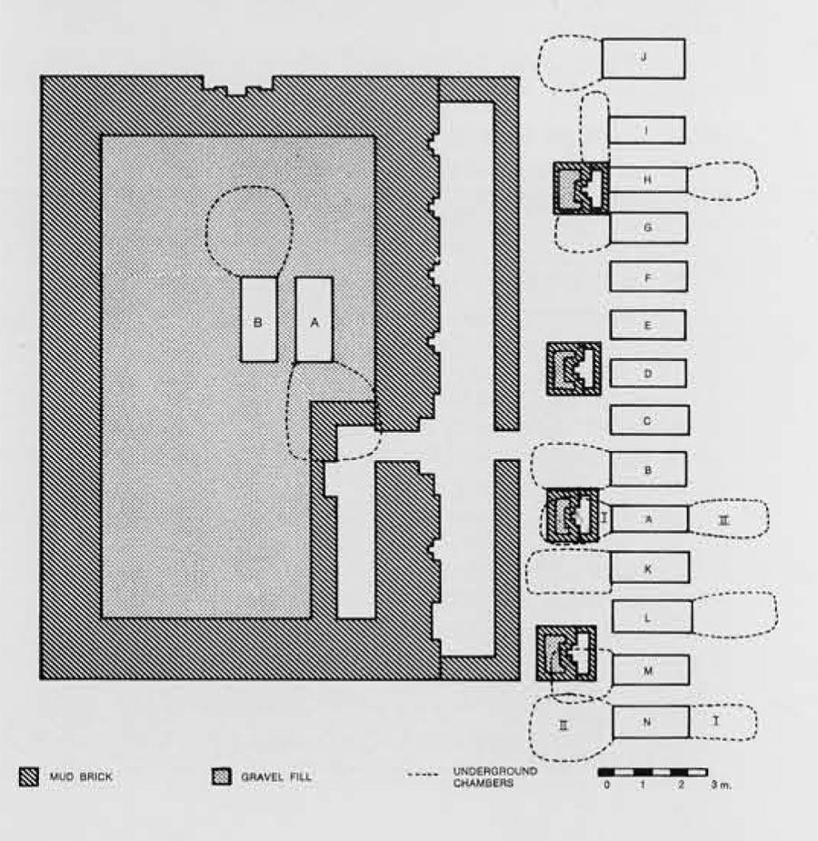 Complete ground plan of the partially excavated mastaba shown above. Shafts E and F were never sunk.