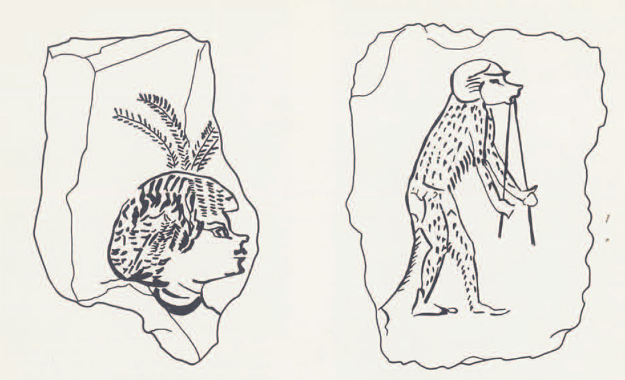 (left) a caricature of a Nubian soldier (right) an imaginative sketch of a monkey playing the flute.