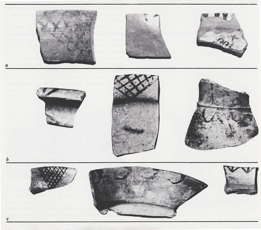 Painted triangle ware sherds from (a) Qalatgah, (b) Ziwiye, (c) Hasanlu. 