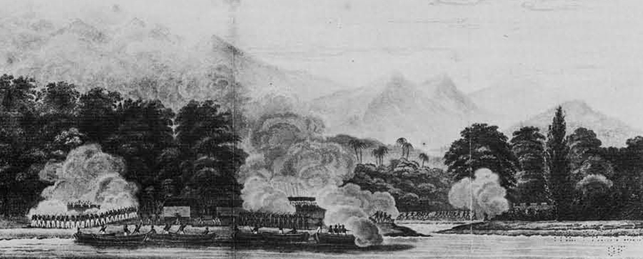 Action of Quallah Battoo as seen from the Potomac at anchor in the offing, in the offing, J. Downes, Esq., Commander, Feb. 5, 1832. 