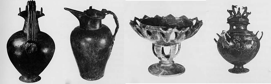 Bronze oinochoe. Bronze oinochoe of Rhodian Type. Decorated pottery pyxis from Campovalano.  Ceremonial pottery brazier from Campovalano. 