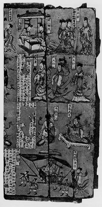 One of the five painted wooden panels found in Ssū-ma Chin-lung's tomb. Most probably they all belonged to one of two screens. Apparently the wood was first covered with a base of red lacquer color, then the figures drawn in black and filled in with white, red, yellow, green. The faces were always painted white. All the wooden panels were divided into four horizontal registers, each containing pictures of different scenes belonging to the same set of stories. Inscriptions written on what looks like paper glued to the panels identify the figures or tell the stories. In general, all show dramatized scenes from well-known moralizing stories mostly of eminent or virtuous women, filial sons, loyal ministers and so forth. According to the inscription on the top panel, this screen shows the story o Yü Ti Shun, one of legendary culture heroes believed to have lived 2317-2208 B.C. He was a model of filial piety even towards a wicked stepmother who several times tries unsuccessfully to kill him. The woman shown on his far left is his stepmother setting fire to a house hoping to burn him. The picture shows his stepmother and father throwing a stone into a well into which they have made his descend. However, Emperor Yao, recognized his virtue, made him his successor and on the right he is shown with two daughters of Yao who became his wives. The three ladies on the register below are famous and virtuous wives and mothers of the founders of the Chou dynasty. The first is Ts'in Chiang, the wife of T'an Fu, the progenitor of the House of Chou; the second, T'ai Jen, the wife of Chi Li, the third son of T'an Fu; the last, T'ai Szû, the wife of Ch'ang (hsi-peh) and mother of Wu Wang the actual founder of the Chou dynasty. According to the inscription, the lady sitting on the pedestal in scene below is "Tsêng teaching Ch'un Chiang" who kneels in front of her. 