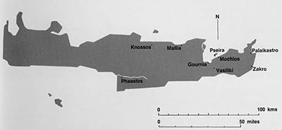 Map of Crete locating the site of Gournia on the Gulf of Mirabello in relation to other Minoan settlement sites.