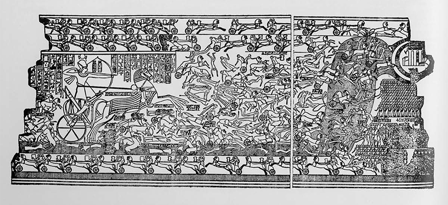 A misinterpretation on the part of a 19th century copyist shows a relief of Egyptian chariots at the battle of Kadesh as having eight-spoke wheels, even though these had been obsolete for 200 years. Only pharaoh—Ramesses II—has the contemporary six-spoke wheel. 