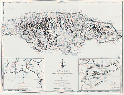An 18th century topographical map of Jamaica.