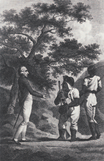 A painting of an Englishman and two Jamaaican men meeting and exchanging hats.