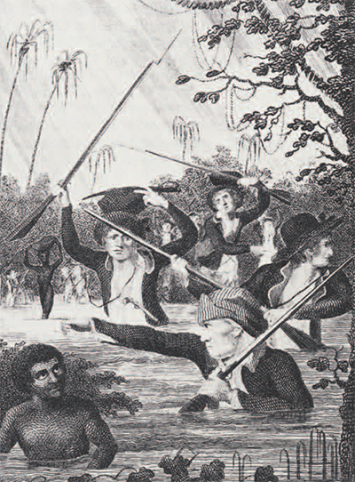 A painting of English soldiers wading through a swamp, guns held above their heads, following after Jamaicans.
