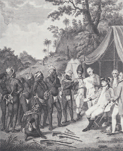 A painting of a group of Englishmen and a group of Jamaican men signing a treaty and exchanging goods in front of a tent.