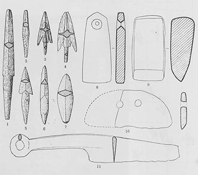 Nos. 1, 2, 5, are bone arrowheads; 3, 4, bronze arrowheads; 6, 7, stone arrowheads; 8, a whetstone with a hole; 9, a stone adze; 10, a stone knife with two holes; 11, a bronze knife. 