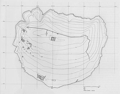 Plan of Mochlos. The Pre-palatial cemetery is located on the west, Block B of the Late Bronze Age town on the south and, on the summit of the island in hatched lines, the remains of the Byzantine fort. Drawing by Frederick Hemans, Frederick Guthrie and Maragaret Denney. 