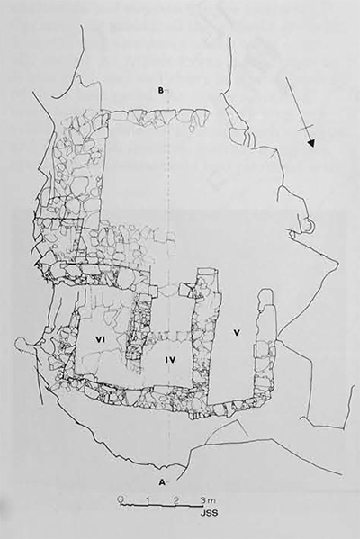 Section A-B through Tombs IV, V, VI. Plan of the same tombs and the system of approach. Both drawings by the author. 