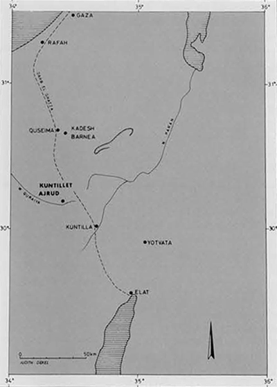 Map of the Negev and northern Sinai showing the location of Kuntillet 'Ajrud about half way between the Mediterranean coast and the Gulf of Eilat. 