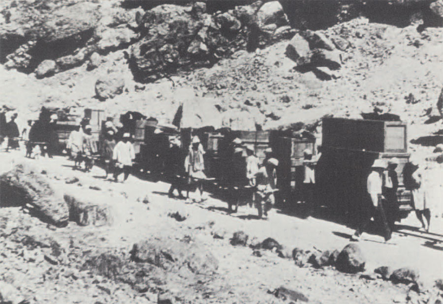 Work on Tutankhamun's tomb in the 1920's: packed artifacts removed on a small railway. RElations with the Egyptian authories over the tomb grew strained at this time and affected other archaeological work/Photo courtesy Egyptian expedition, Metropolitan Museum of Art.