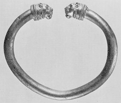 Achaemenid gold bracelet from Tumulus A; second half of the 6th century B.C. for the burial. Gordion inventory S 1. (See also the greatly enlarged animal head terminal on the cover.)