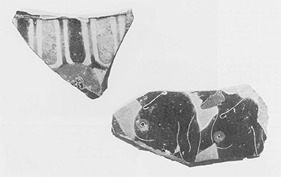 Attic Black Figure fragments; ca. 560-540 B.C., Gordion inventory P 4653, Left, 6.2cm.; right, 7.3 cm. 