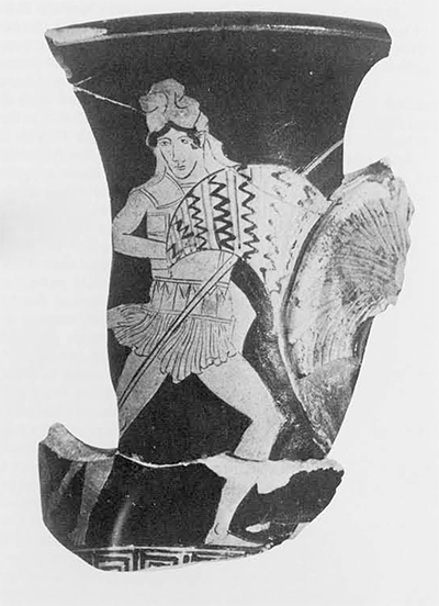 Fragmentary Attic Red Figure rhyton; ca. 460-450 B.C. Gordion inventory P 380a. Height, 11.8 cm. 